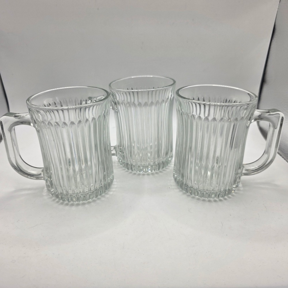 Vintage 4" Gibson Royal Crest Ribbed Clear Glass Mug, 8oz Set Of 3